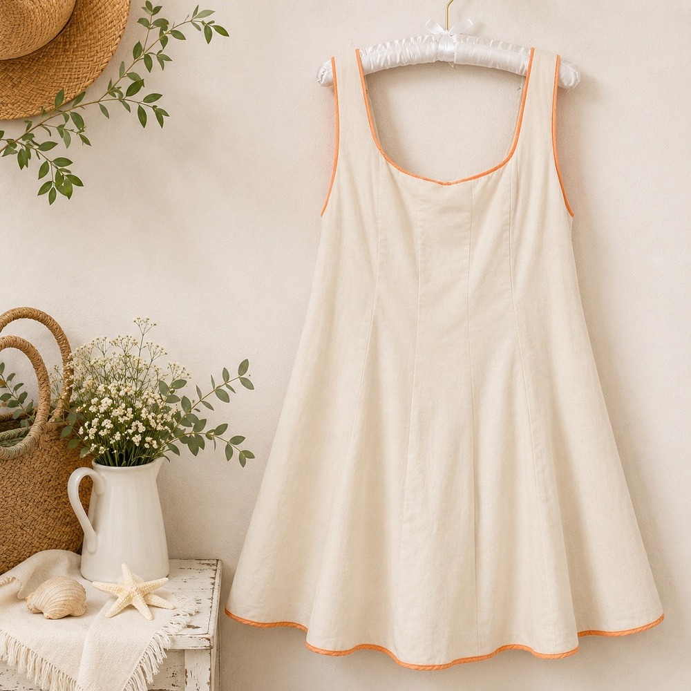 Anna Grace Linen Mini Dress L Beige Orange Fit Flare Boho Cottagecore Sundress
